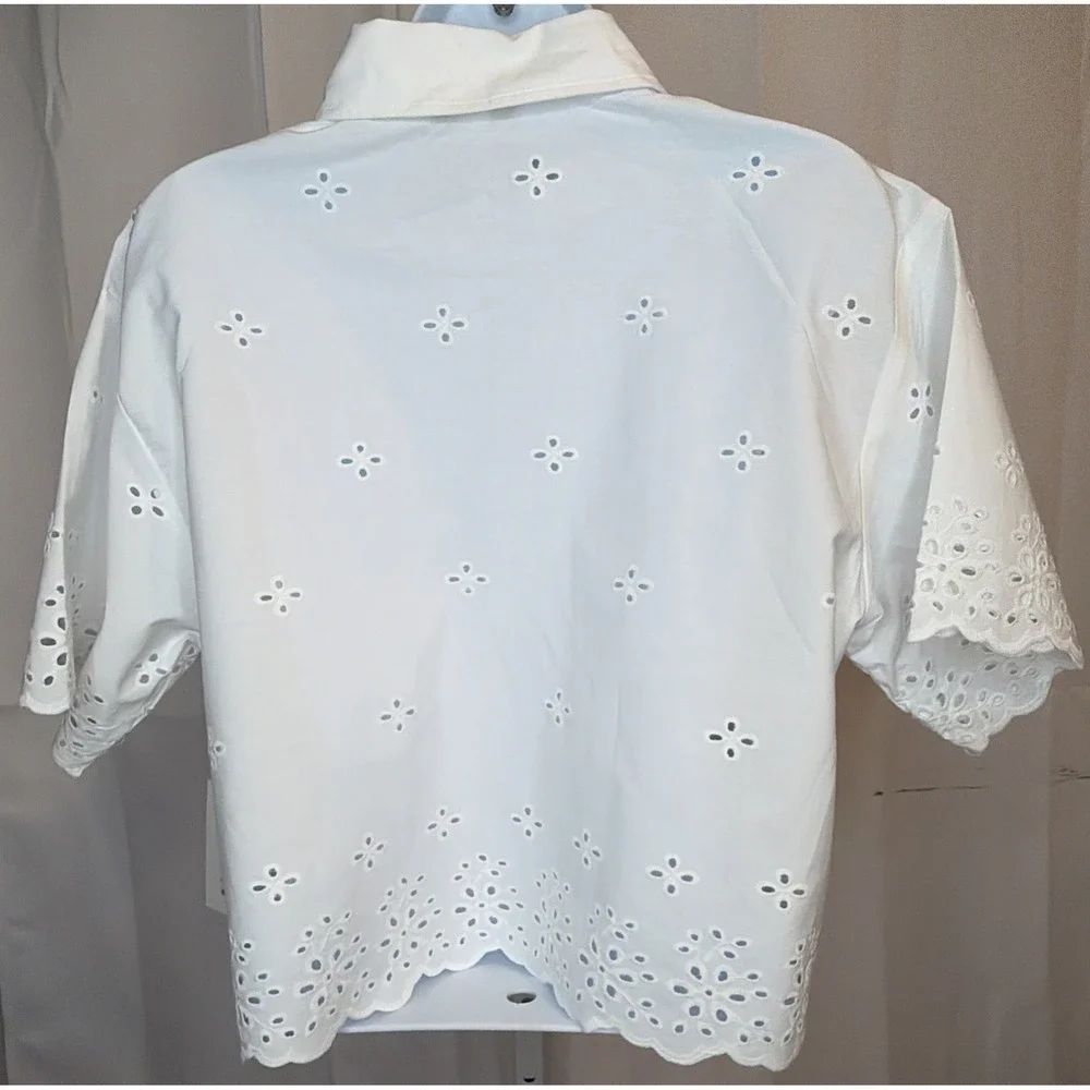 Free Assembly Women's Small Cropped Cotton Eyelet Shirt  NWT - Picture 10 of 11